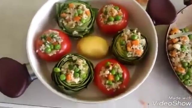 Фаршированный артишок с рисом горошком и помидорами. смотреть онлайн