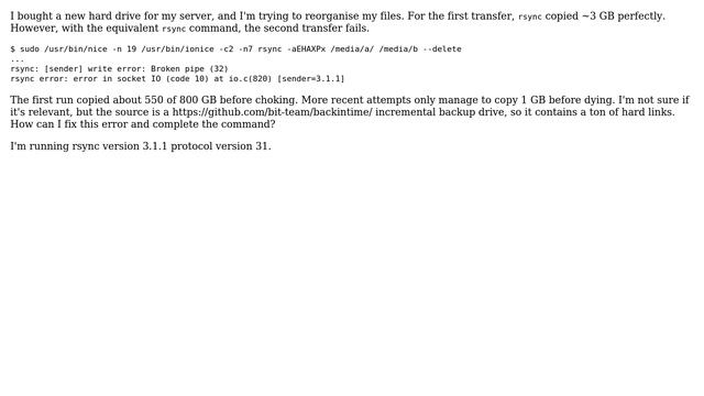 Why does rsync fail with Broken pipe (32), error in socket IO (code 10) at io.c(820)? смотреть онлайн
