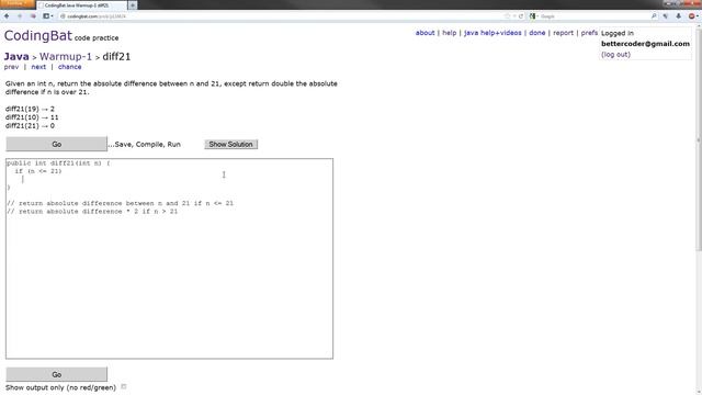 CodingBat - Java Warmup-1 Solution - diff21 смотреть онлайн