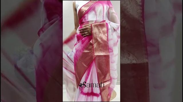 Samah Printed Hand Batik Organza Saree (Pink, White) смотреть онлайн