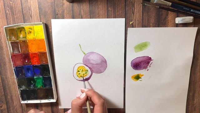 Рисуем маракуйя акварелью. Поэтапное рисование для начинающих. Фрукты акварелью смотреть онлайн
