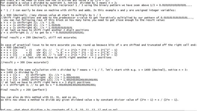 algorithm for binary division by 3, 5, 7, 9, 10, 11, 13, 15, 17, etc. use (2 to the power of n) - смотреть онлайн