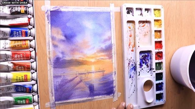 Watercolor Painting Of Sunset Evening Landscape Of River Side Easy