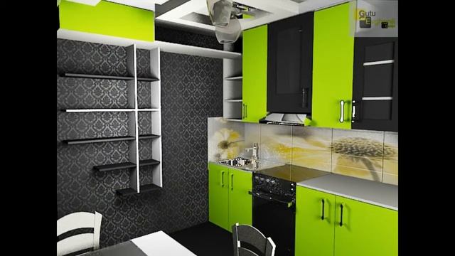 квадратные полки, темные обои темные и зеленые фасады в дизайне кухни смотреть онлайн