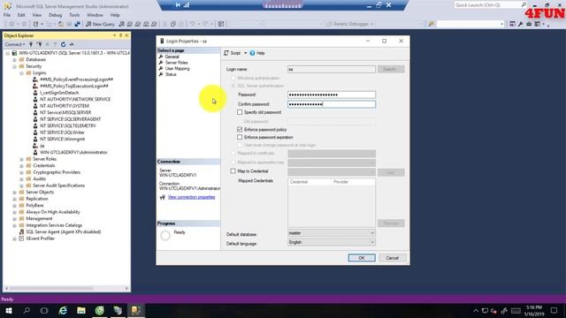 How to change sa account password on SQL Server Management Studio (SSMS 2016) смотреть онлайн