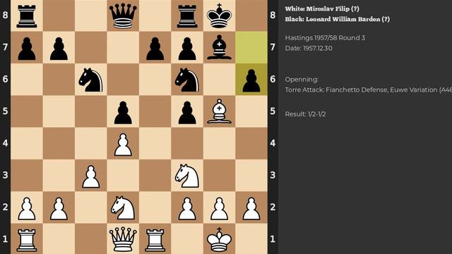 Miroslav Filip - Leonard William Barden | Torre Attack: Fianchetto Defense, Euwe Variation | 1957 смотреть онлайн