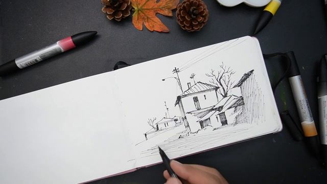How To Use Watercolor Markers Simple old village Sketch смотреть онлайн