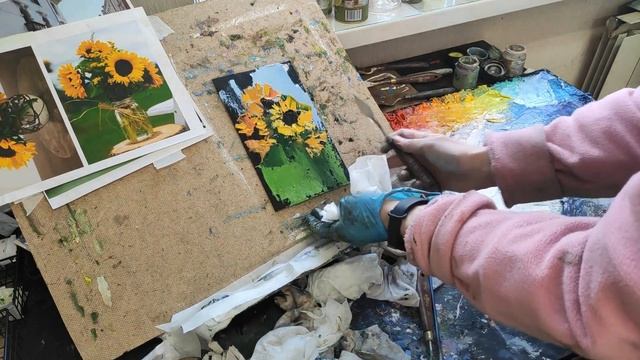 Урок 5 Пишем подсолнухи мастихином. Мастер-класс по живописи смотреть онлайн