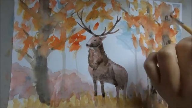 Landscape autumn, deer, watercolor смотреть онлайн