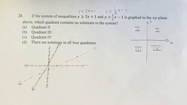 28. If the system of inequalities y≥2x+1 and y⋗1/2x-1 is graphed in the xy-plane above, смотреть онлайн