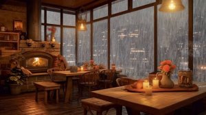 Coffee Shop On Heavy Rain Night | Relaxing with Fireplace And Rain On Window Ambience ASMR