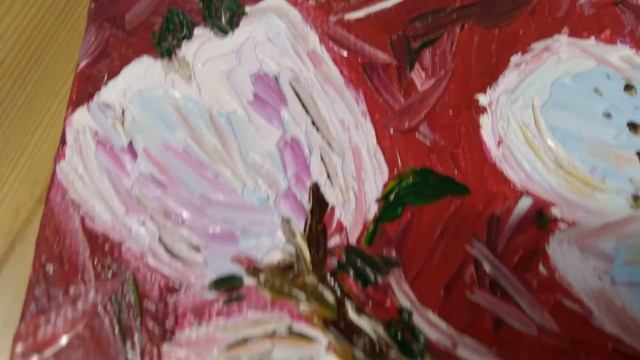 Картины: Весенние цветы на ветке, на бордовом фоне. Купить яркую картину маслом смотреть онлайн