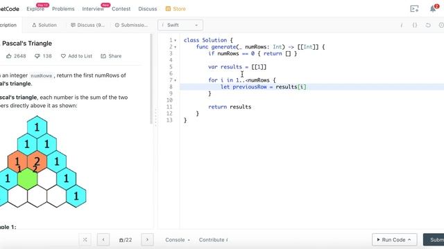 Leetcode 118. Pascal's Triangle - Swift (Swift Programming Language, Algorithm & Data Structures) смотреть онлайн