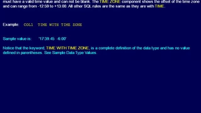 SQL 055 Data Types, Date Time Timestamp Data, TIME WITH TIME ZONE смотреть онлайн