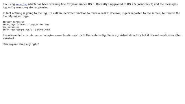 PHP error_log function not working after upgrading to IIS 7.5 смотреть онлайн