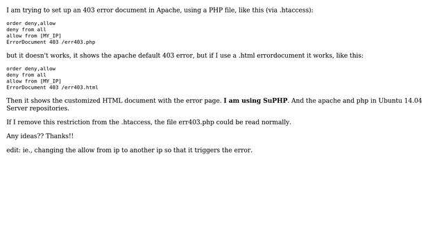 Ubuntu: SuPHP: PHP 403 ErrorDocument in Apache won't work смотреть онлайн