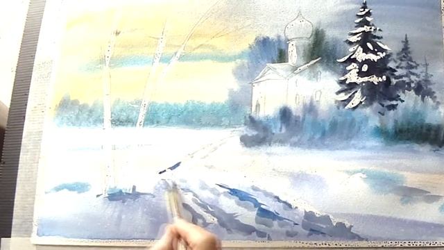Церковь в зиме. Процесс рисования акварелью / Winter Church. Drawing with watercolor смотреть онлайн