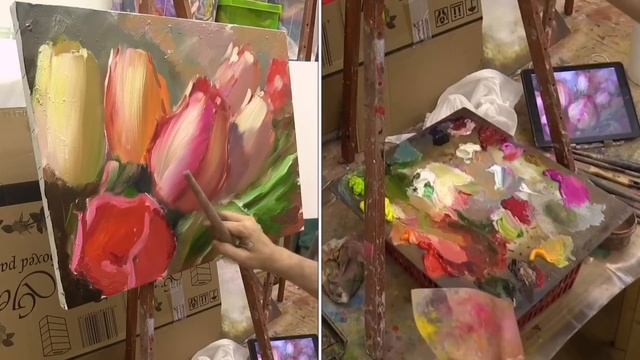 Spring Tulips. Workshop with two canvas.Workshop in English from Oleg Buiko. Oil painting. смотреть онлайн