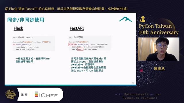 從 Flask 邁向 FastAPI 的心路歷程 - 用房屋估價模型服務體驗急速開發、高效能的快感！｜陳家丞｜PyCon TW 2021 смотреть онлайн