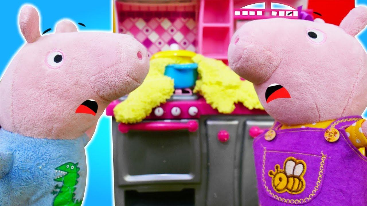 Пеппа и Джордж сварили очень много каши - что же делать? Видео игрушки Свинка Пеппа на русском языке смотреть онлайн