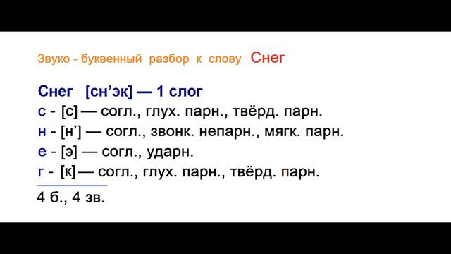 Звуко – буквенный (фонетический) разбор  к   слову  Снег