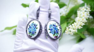 Серьги Ростовская Финифть ручная работа Посеребрение Цветы Незабудки Хорошие Вещи 3823