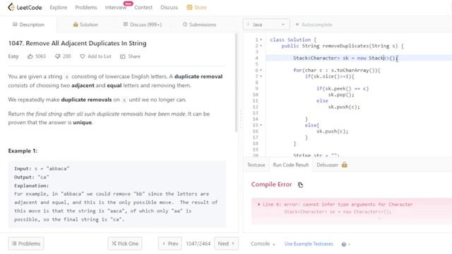 1047. Remove All Adjacent Duplicates In String || In JAVA || Easy Way  #leetcode
