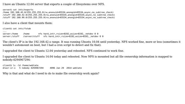 Ubuntu: File permissions on NFS mount show up as 'nobody' after upgrading to 14.04 (2 Solutions!!) смотреть онлайн