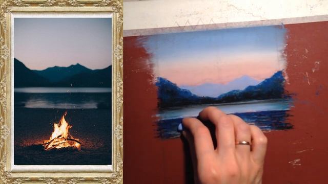 Пастель для начинающих. Урок 4: рисуем работу "Костер у горного озера". смотреть онлайн