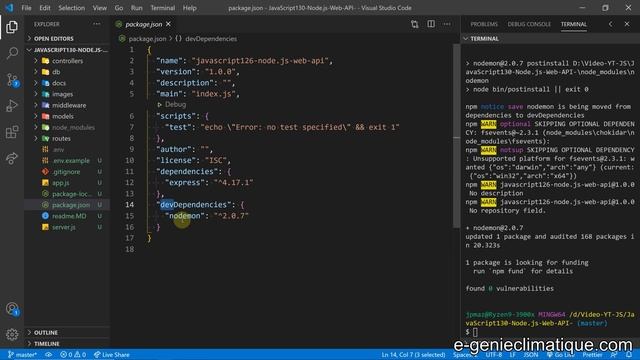 JavaScript130-Nodejs-Web API-Installation du package nodemon pour relancer automatiquement le serve смотреть онлайн