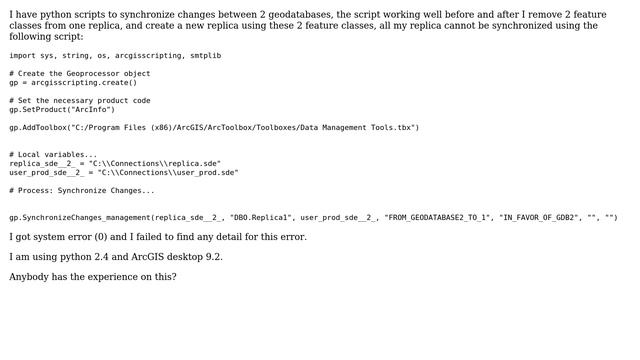 GIS: python 2.4 replica synchronize changes get system error (0) смотреть онлайн