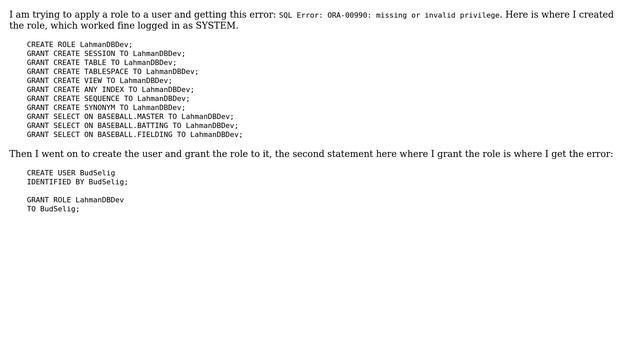 Databases: Oracle GRANT ROLE error смотреть онлайн