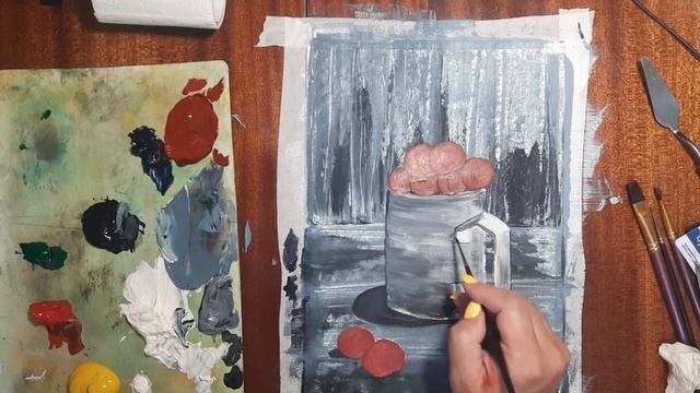 Как нарисовать вишню. Нарисуем вишню в чашке. Рисуем ягоды гуашью. Натюрморт красками. смотреть онлайн