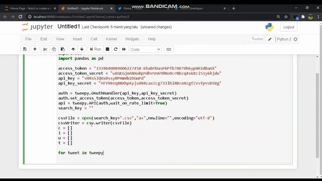 Crawling Twitter API dengan Tweepy (Python) menjadi File CSV смотреть онлайн
