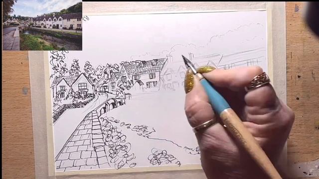 Ink drawing of a cottage street scene смотреть онлайн