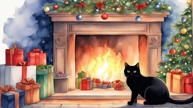 ?Christmas scene with relaxing music, animated fireplace, Jiji black cat? ,manga style, slideshow смотреть онлайн