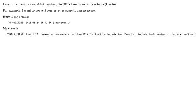 Databases: Presto SQL: TO_UNIXTIME смотреть онлайн