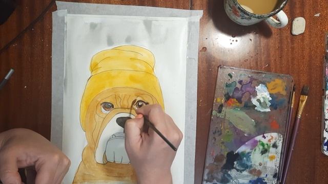 Как нарисовать бульдога акварелью. Как легко нарисовать собаку. Рисуем собаку в шапке. смотреть онлайн
