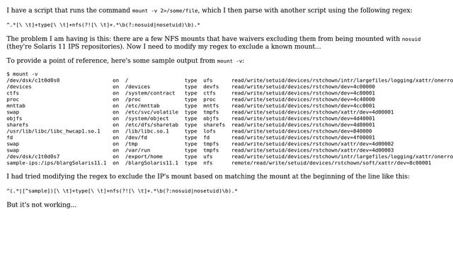 Regex to find NFS filesystems that aren't being mounted with nosuid, except for ones with... смотреть онлайн