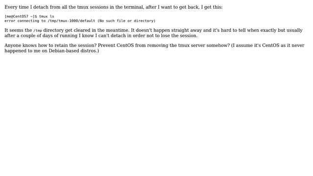 Tmux on CentOS 7: error connecting to /tmp/tmux-1000/default (No such file or directory) смотреть онлайн