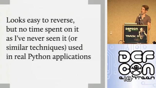 DEFCON 18: pyREtic: In memory Reverse Engineering for Obfuscated Python Bytecode 2/3 смотреть онлайн