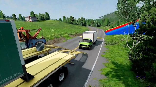 Flatbed Trailer Truck Potholes Transport Car Portal Trap Rescue - Cars Vs Speed Bumps - BeamNG.driv