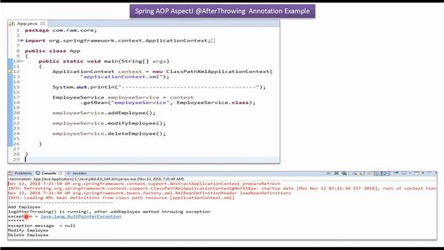 Spring AOP AspectJ @AfterThrowing Annotation Example | Spring Tutorial смотреть онлайн