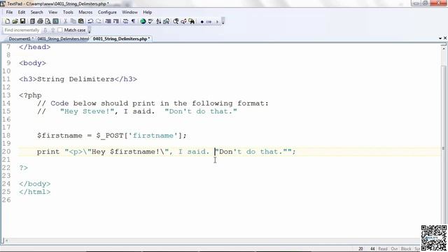 Website Design with PHP & MYSQL - 022 - PHP Programming Fundamentals - String Delimiters смотреть онлайн