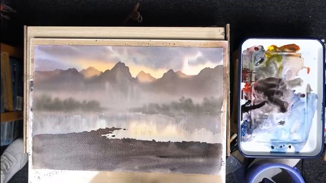Sunset on the river - Watercolor landscape painting смотреть онлайн