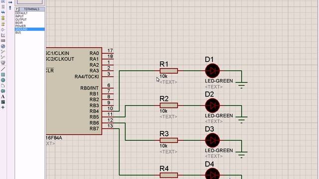 Симулирование работы программы (прошивки) в Proteus Professional (Бегущий огонь на 4 LED) смотреть онлайн