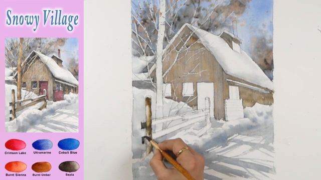 [ 3 minute Watercolor ] Winter Landscape Watercolor - Snowy Village. (Masking work) NAMIL ART смотреть онлайн