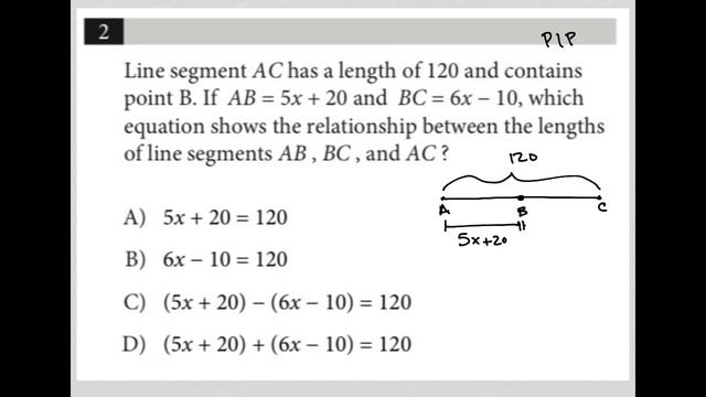 Line segment AC has a length of 120 and contains point B. If AB = 5x + 20 and BC = 6x - 10, which. смотреть онлайн