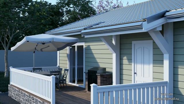 Каркасный одноэтажный дом. 84.2м2 отапливаемой площади. 3 спальни, кухня-столовая-гостиная. смотреть онлайн