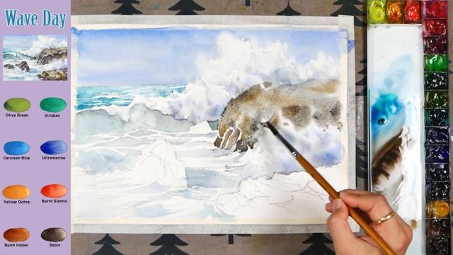 Landscape Watercolor - Wave Day (sketch &color mixing process) NAMIL ART смотреть онлайн